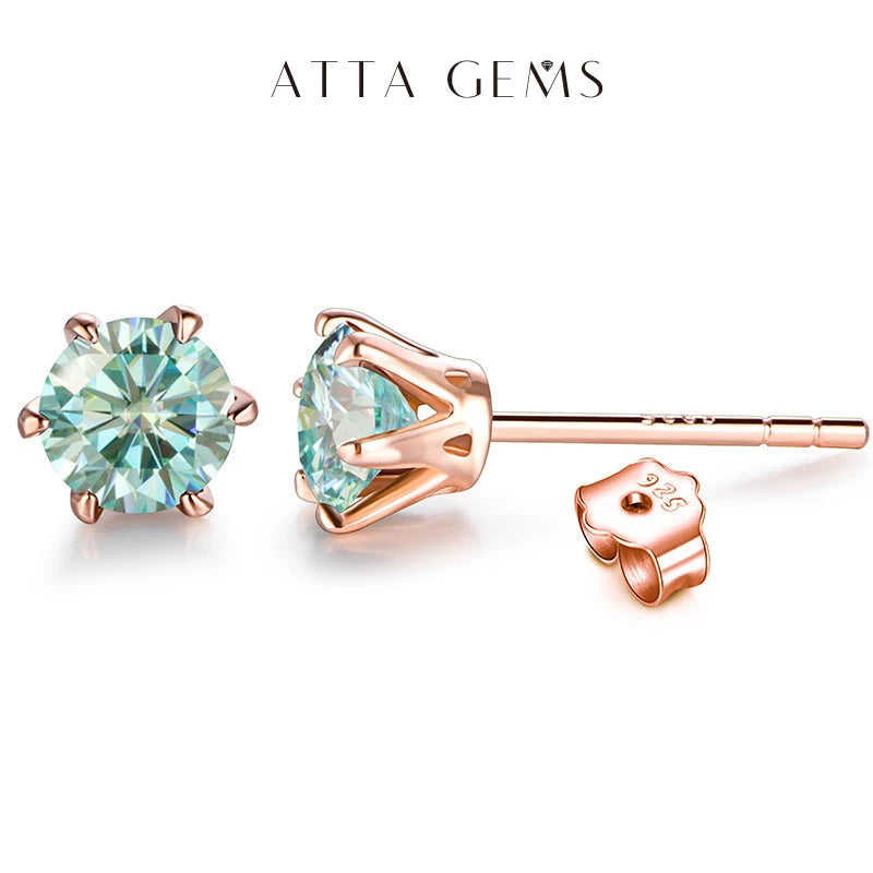 ATTAGEMS Colored Moissanite Stud Earrings 1ct DVVS1 Round Cut Lab Created Diamond 18K Gold Plated Earring for Women Fine Jewelry