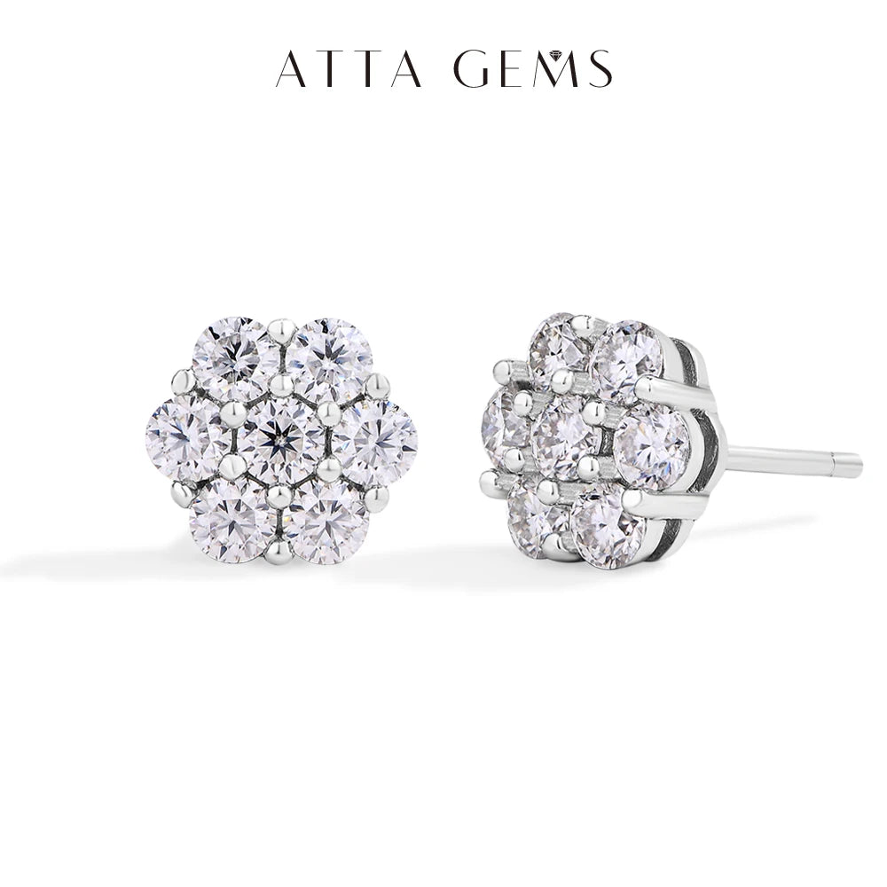 ATTAGEMS Round Cut 2.5mm 3.0mm Moissanite Diamond Earring Flower shape D VVS1 Color 925 Silver Pure 10k 14k Au750 Gold for Women