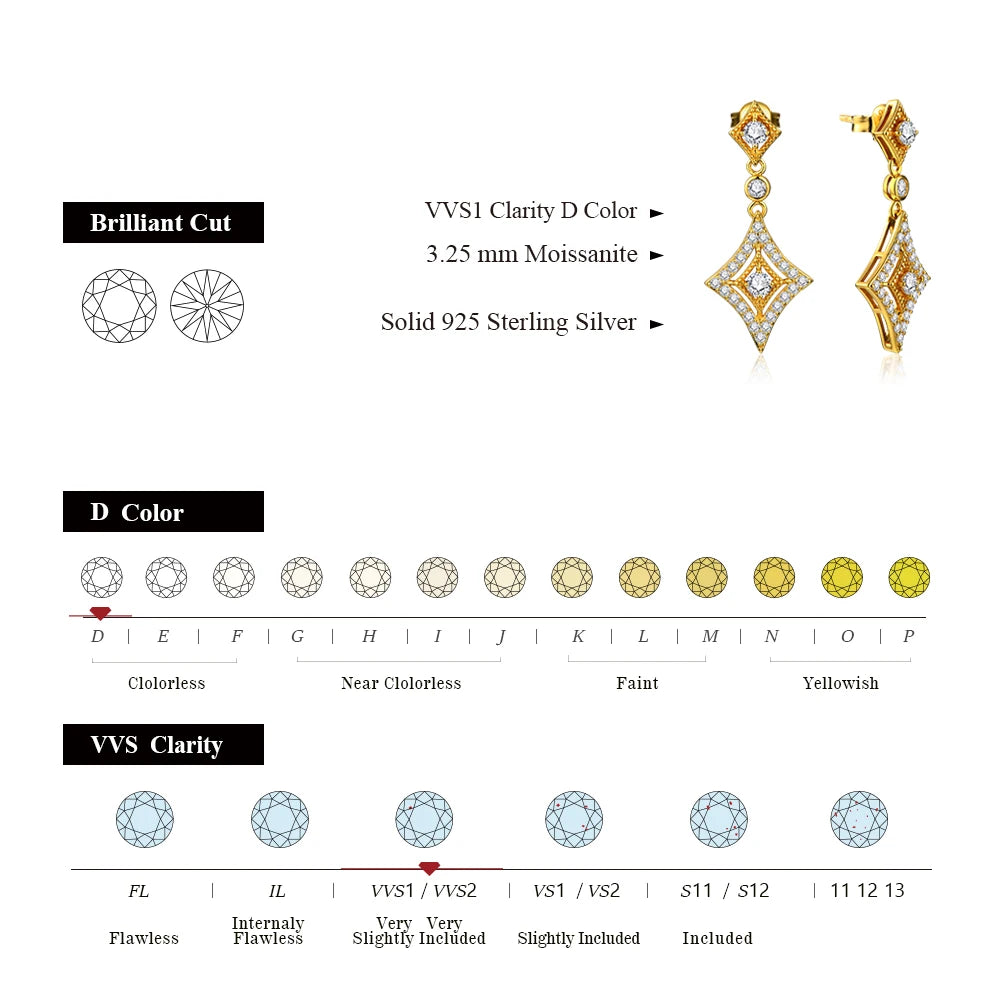 ATTAGEMS Luxurly D Color VVS1 Brilliant Moissanite Earrings for Women 925 Sterling Silver Yellow Gold Plated Anniversary Jewelry
