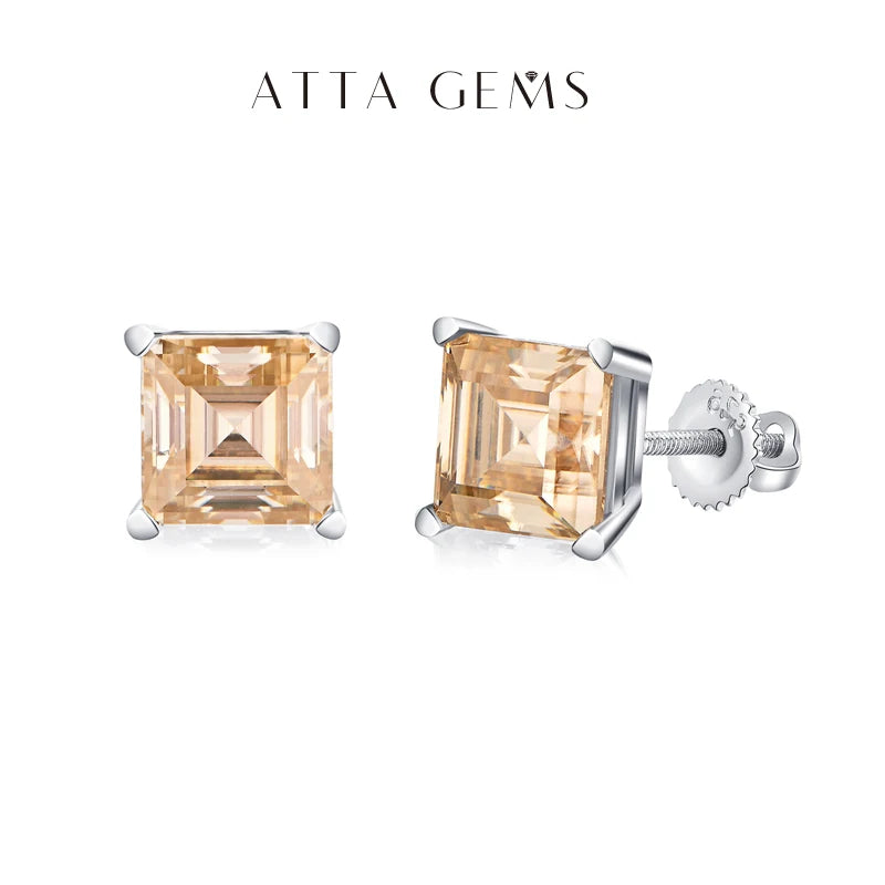 ATTAGEMS Silver 925 Earring Yellow Moissanite Screw Back Stud Square Stud Earrings For Women Princess Cut 5*5MM Jewelry 귀걸이