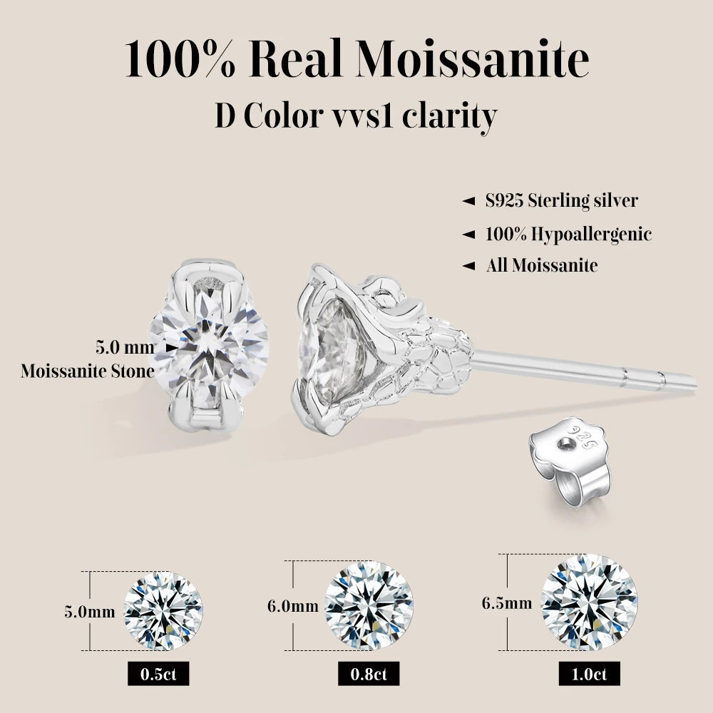 ATTAGEMS Round Cut 0.5CT Moissanite Stud Earrings 925 Sterling Silver 18K Gold Plated ForWomen Girl Sparkling Engagement Jewelry