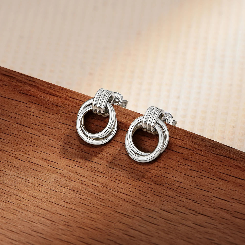 ATTAGEMS Vintage Double Hoop Design S925 Silver Earrings 18KGold Plated Steel Texture Geometric Stud Earring Women for Party