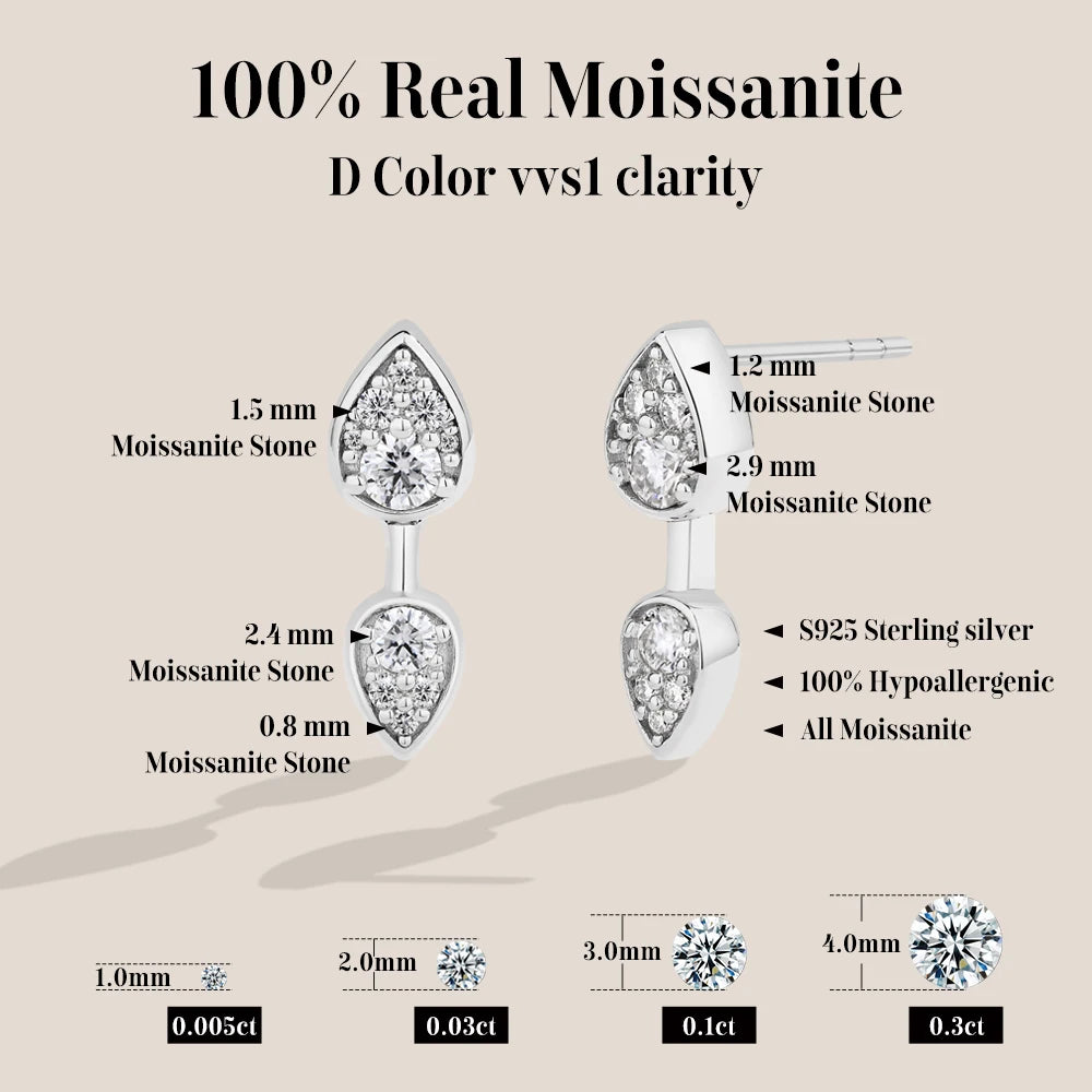 ATTAGEMS Classic Full Moissanite Stud Earring Double Teardrop Design S925 Sterling Silver 18kGold Plated For Women Party Jewelry