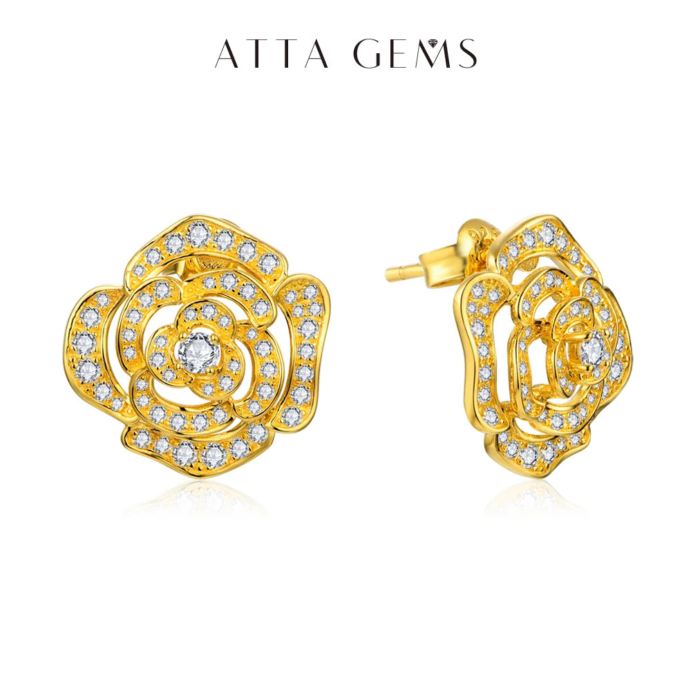 ATTAGEMS New S925 Silver Diamond Moissanite Stud Earrings for Women 18k Gold Plated Sparkling Flower Wedding Fine Jewelry Travel