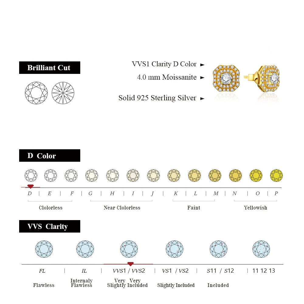 ATTAGEMS Luxurly D VVS1 Color Moissanite Stud Earrings For Women Top Quality 100% 925 Sterling Silver Sparkling Wedding Jewelry