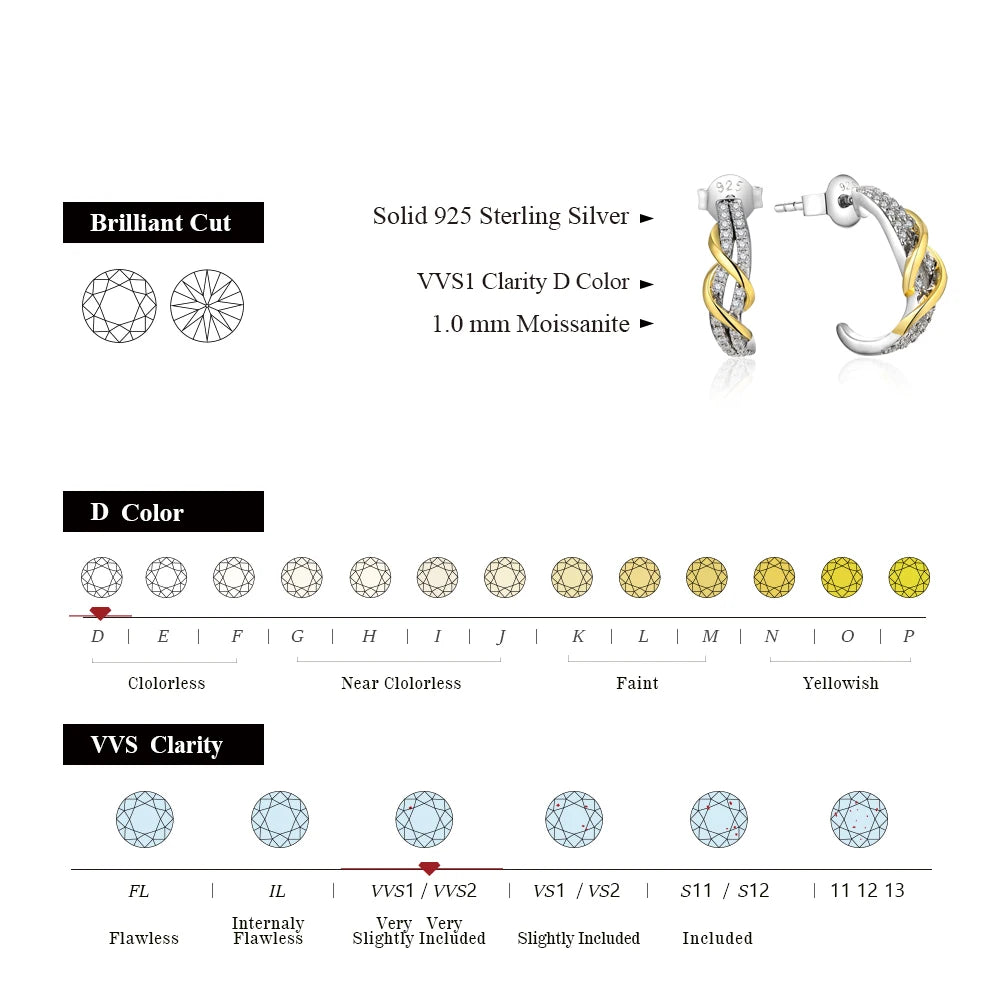 ATTAGEMS New Classic Moissanite Earrings 925 Steling Silver Yellow Plated Passed the Daimond Test Stud Earrings for Women Party