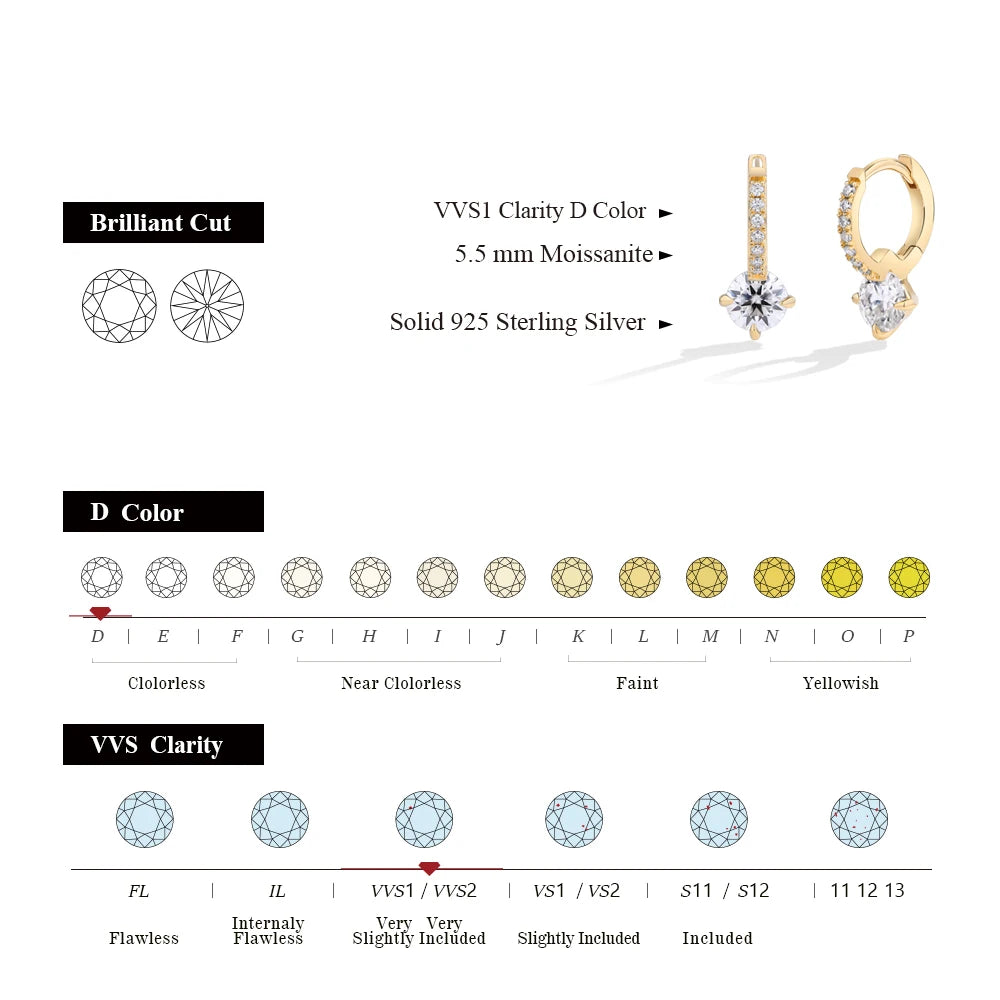 Attagems Full Moissanite Diamond Earring S925 Sterling Silver Gold Plated 4-Claws Eardrop For Women Wedding Jewelry High Quality