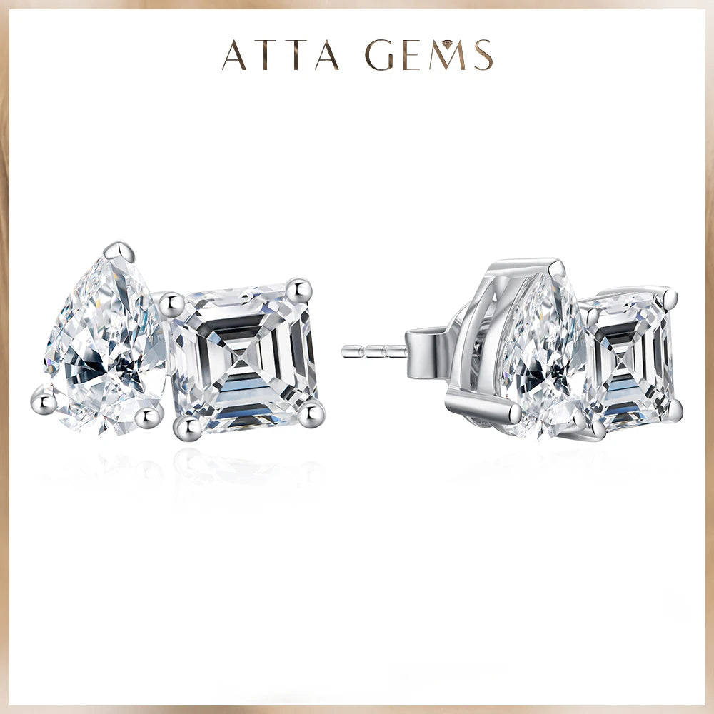 ATTAGEMS Moissanite Silver 925 Earrings Pear Asscher Shape VVS1 Stud Earring for Women 2023 Trending Wedding Gift Fine Jewelry