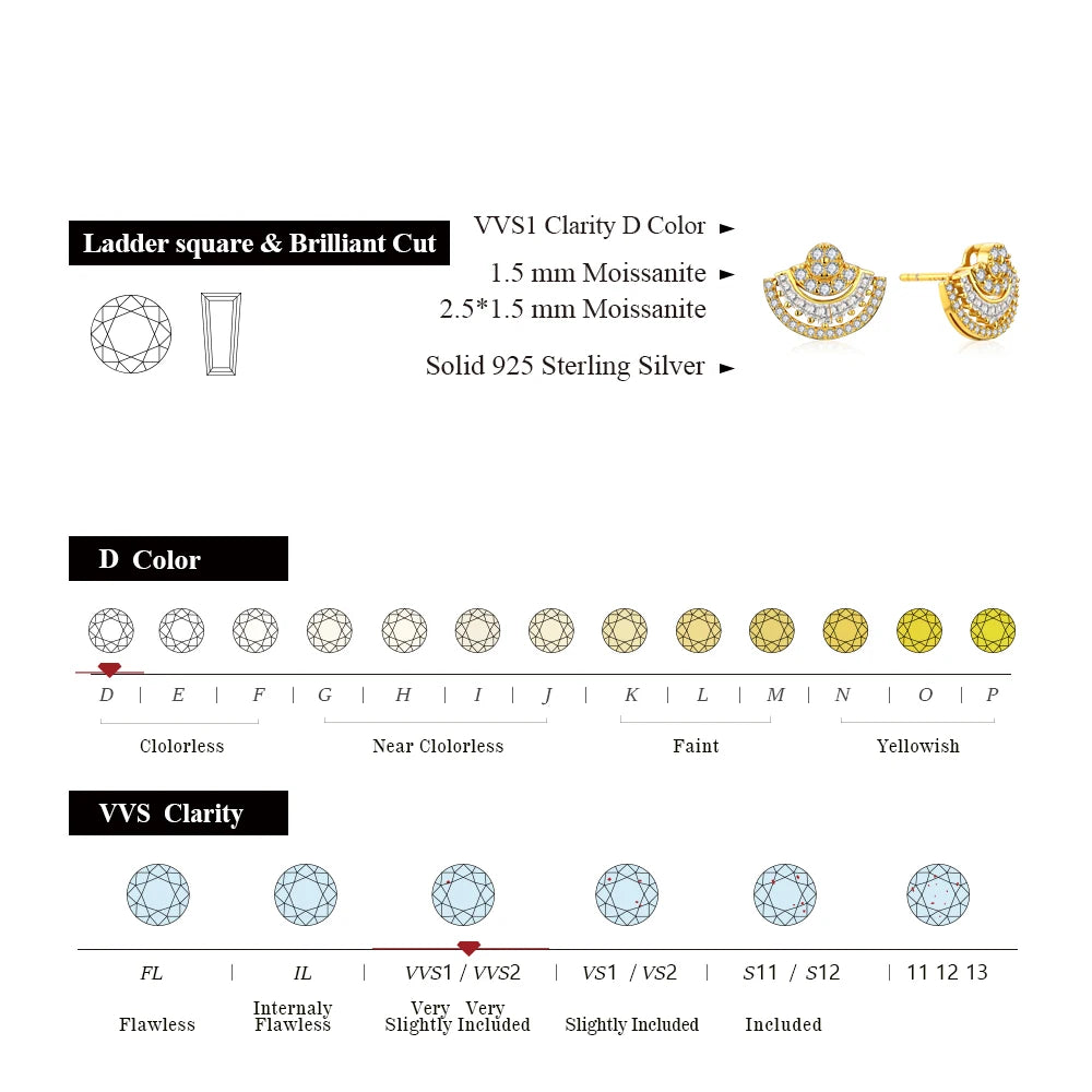 ATTAGEMS Luxury D VVS1 Color Moissanite Sector Earrings For Women Top Quality 100% 925 Sterling Silver Engagement Wedding Gift