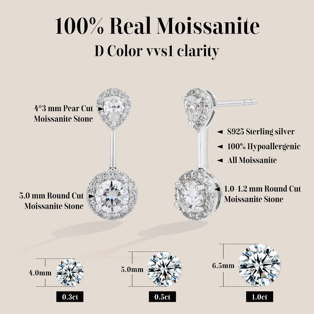 ATTAGEMS DVVS1 Brilliant Moissanite Drop Earring for Women Girl S925 Sterling Silver Engagement Wedding Stud Jewelry Test Passed