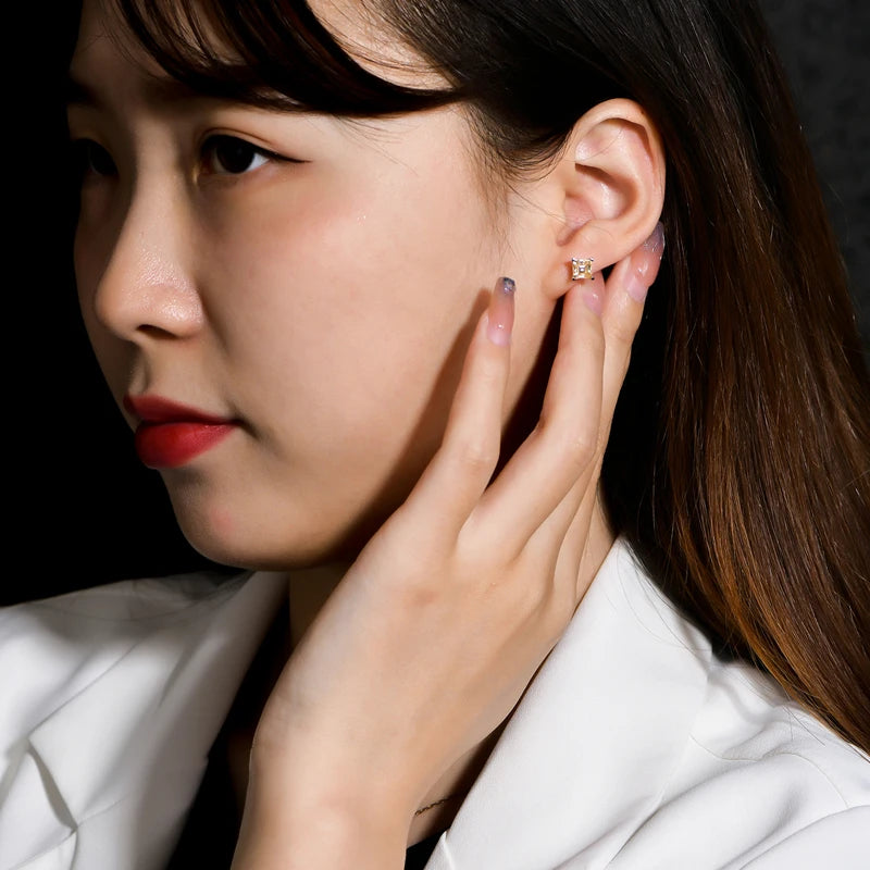 ATTAGEMS Silver 925 Earring Yellow Moissanite Screw Back Stud Square Stud Earrings For Women  Princess Cut 5*5MM Jewelry 귀걸이