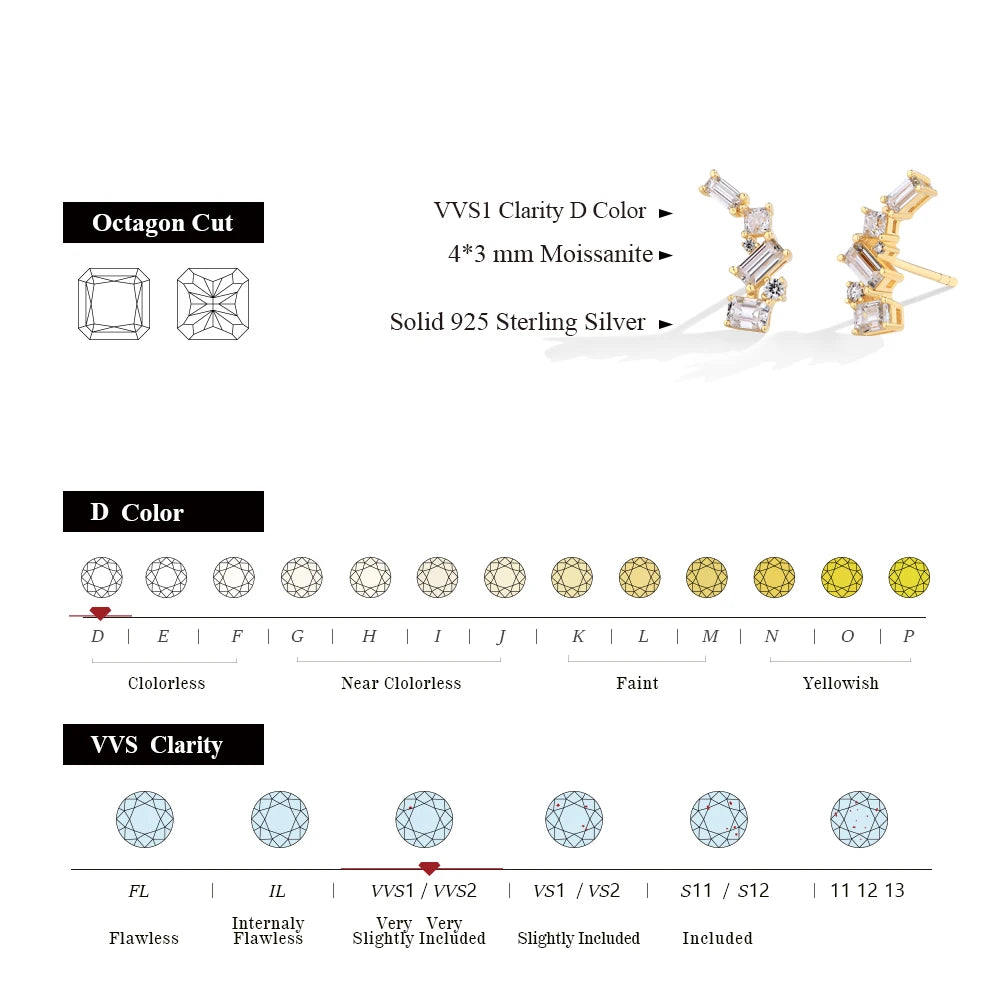 ATTAGEMS Sparkling Full D VVS1 Color Moissanite Stud Earrings for Women Pure 10K 14K 18K Yellow Gold 925 Silver Fine Jewelry New