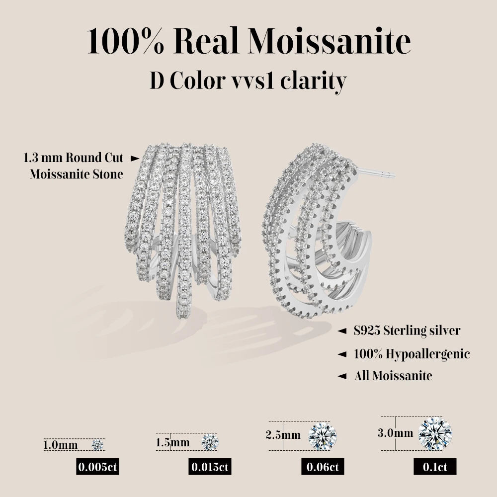 ATTAGEM Luxury Multiple Hoop Moissanite Earrings For Women D VVS1 1.3mm Round Cut S925 Sterling Silver Ear Pendant Party Jewelry