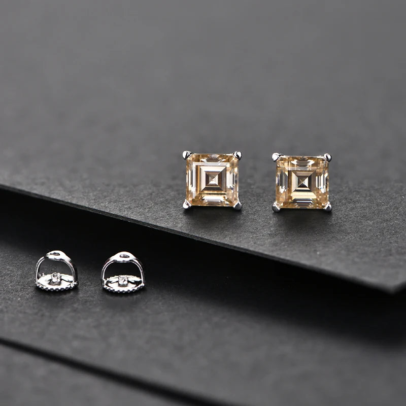 ATTAGEMS Silver 925 Earring Yellow Moissanite Screw Back Stud Square Stud Earrings For Women  Princess Cut 5*5MM Jewelry 귀걸이
