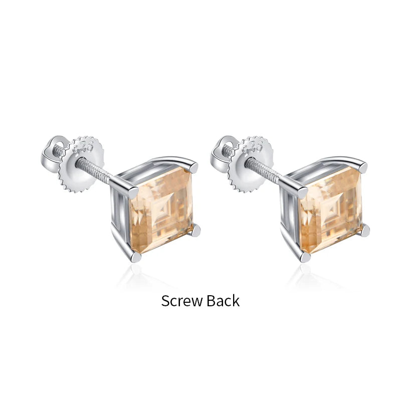 ATTAGEMS Silver 925 Earring Yellow Moissanite Screw Back Stud Square Stud Earrings For Women  Princess Cut 5*5MM Jewelry 귀걸이